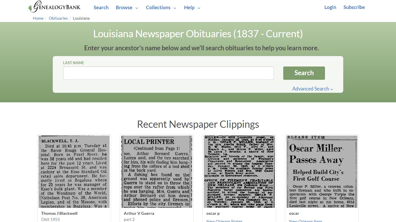 Louisiana Obituary Archive Search | GenealogyBank